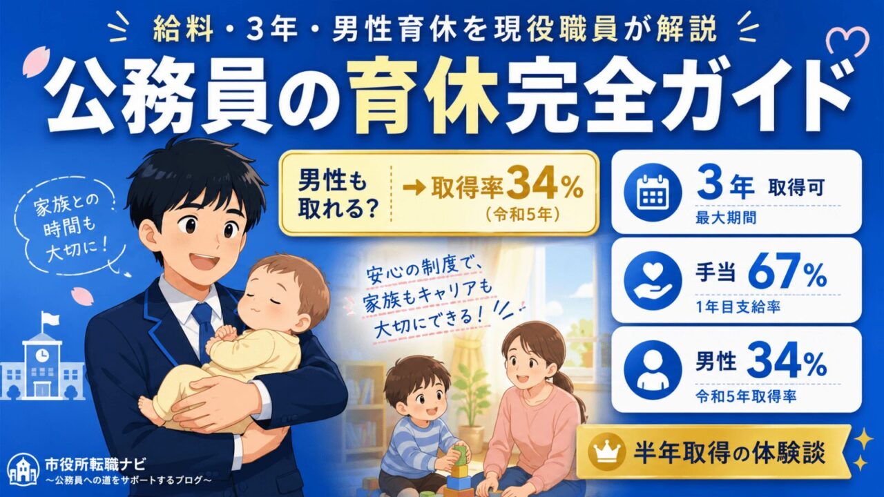 公務員の育休完全ガイドを示すアイキャッチ｜男性育休取得率34%・最大3年取得・手当67%など現役職員の半年取得体験を視覚化
