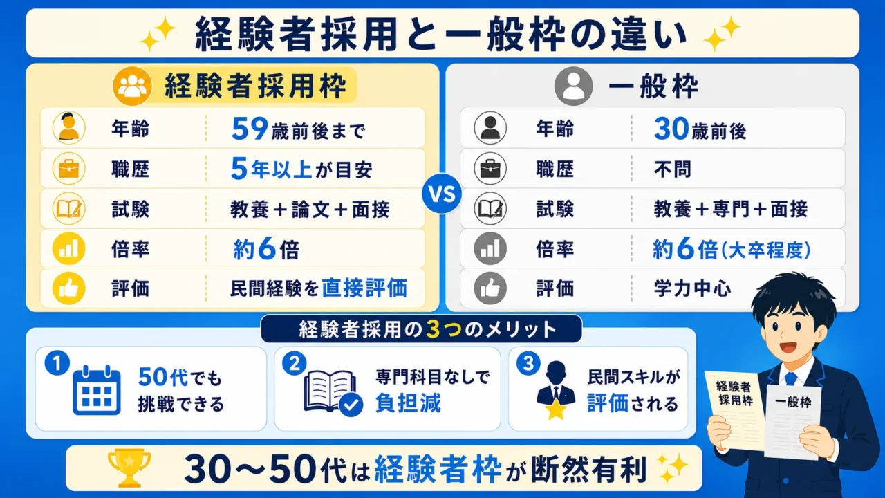 経験者採用枠の特徴と受験資格の図解(公務員 経験者採用・倍率は全国平均で約6倍)