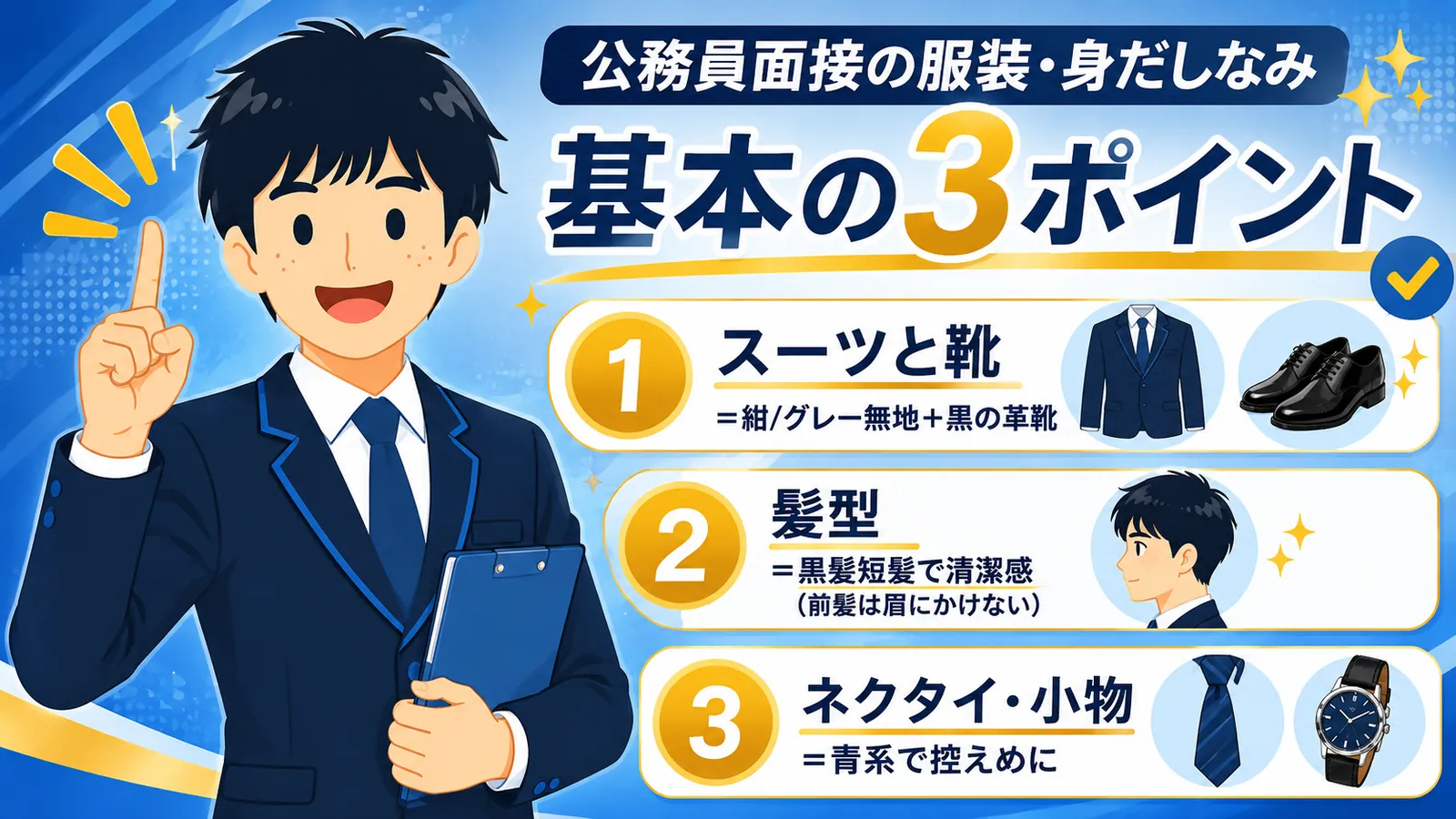 男性の服装・身だしなみ（公務員 面接 服装／公務員面接 クールビズ／公務員 面接 スーツ 女性）
