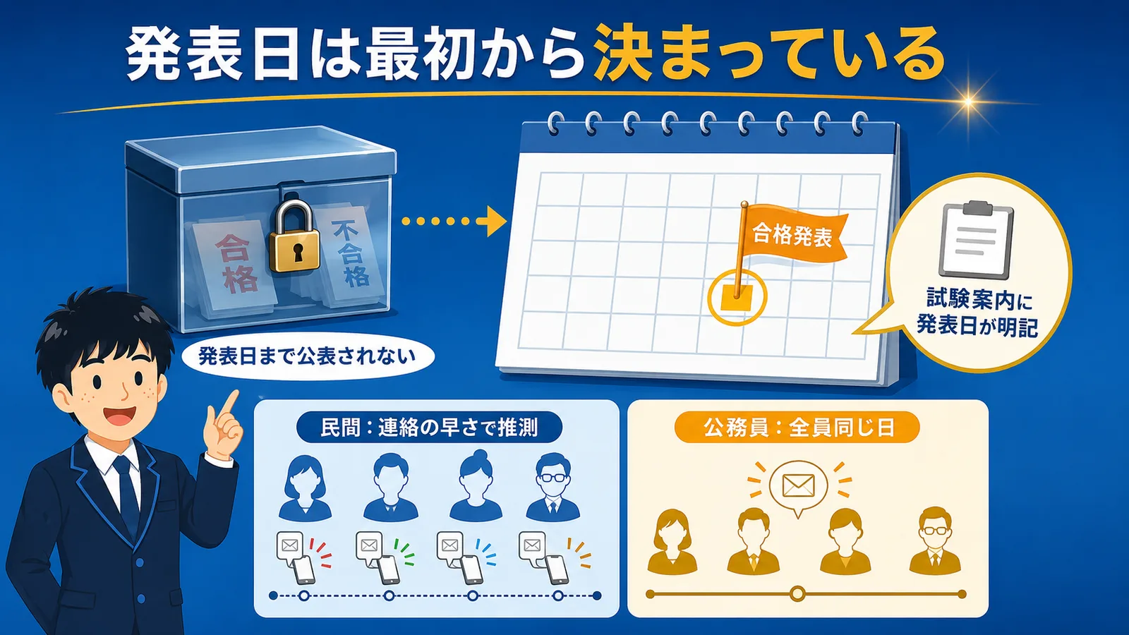 「発表日が決まっている」の図解：合否は発表日まで公表されず、民間と違って公務員は全員同じ日に発表されることを示した図