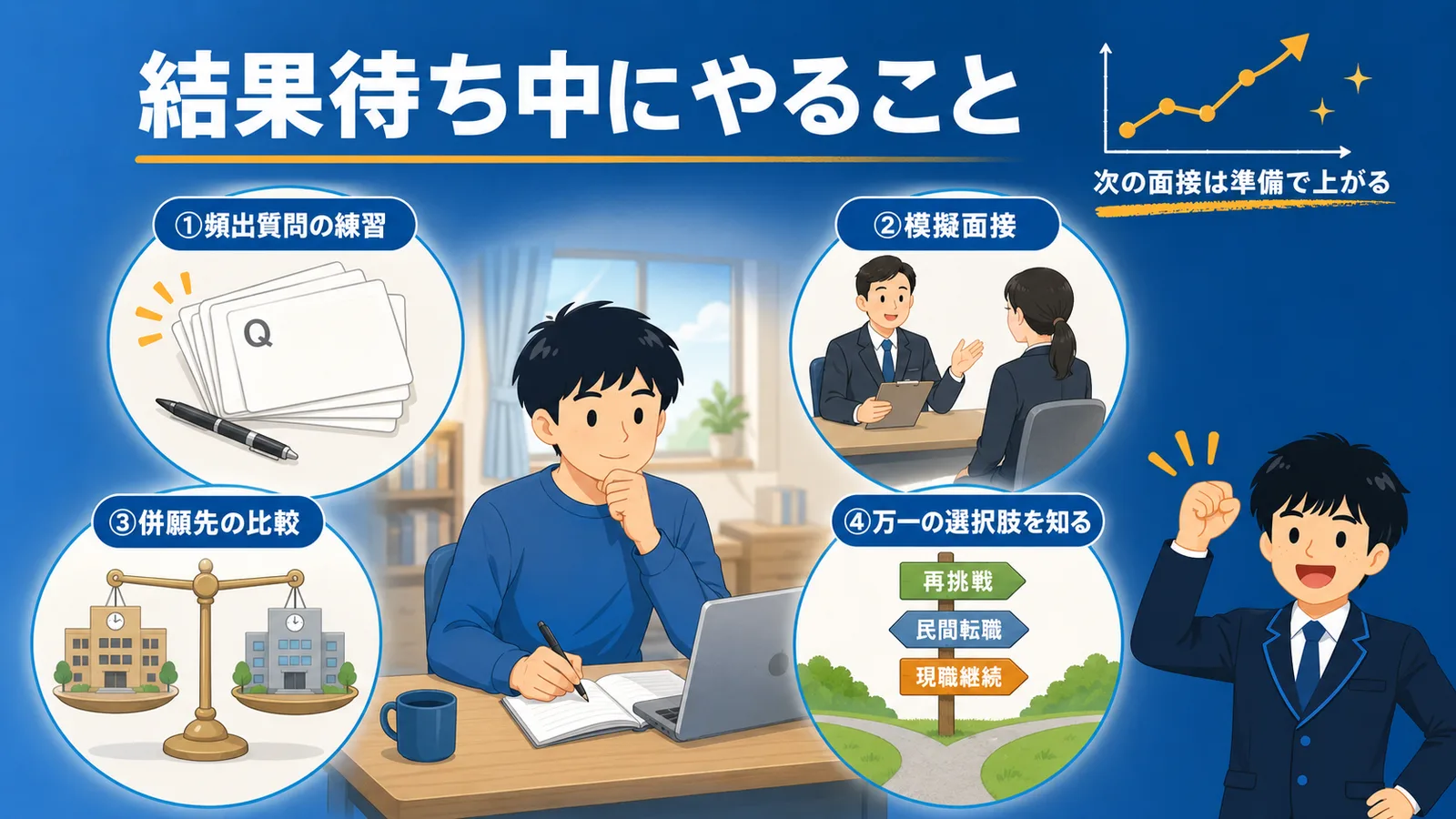 「結果待ち中にやること」の図解：頻出質問の練習・模擬面接・併願先の比較・万一の選択肢を知るという4つの行動を示した図