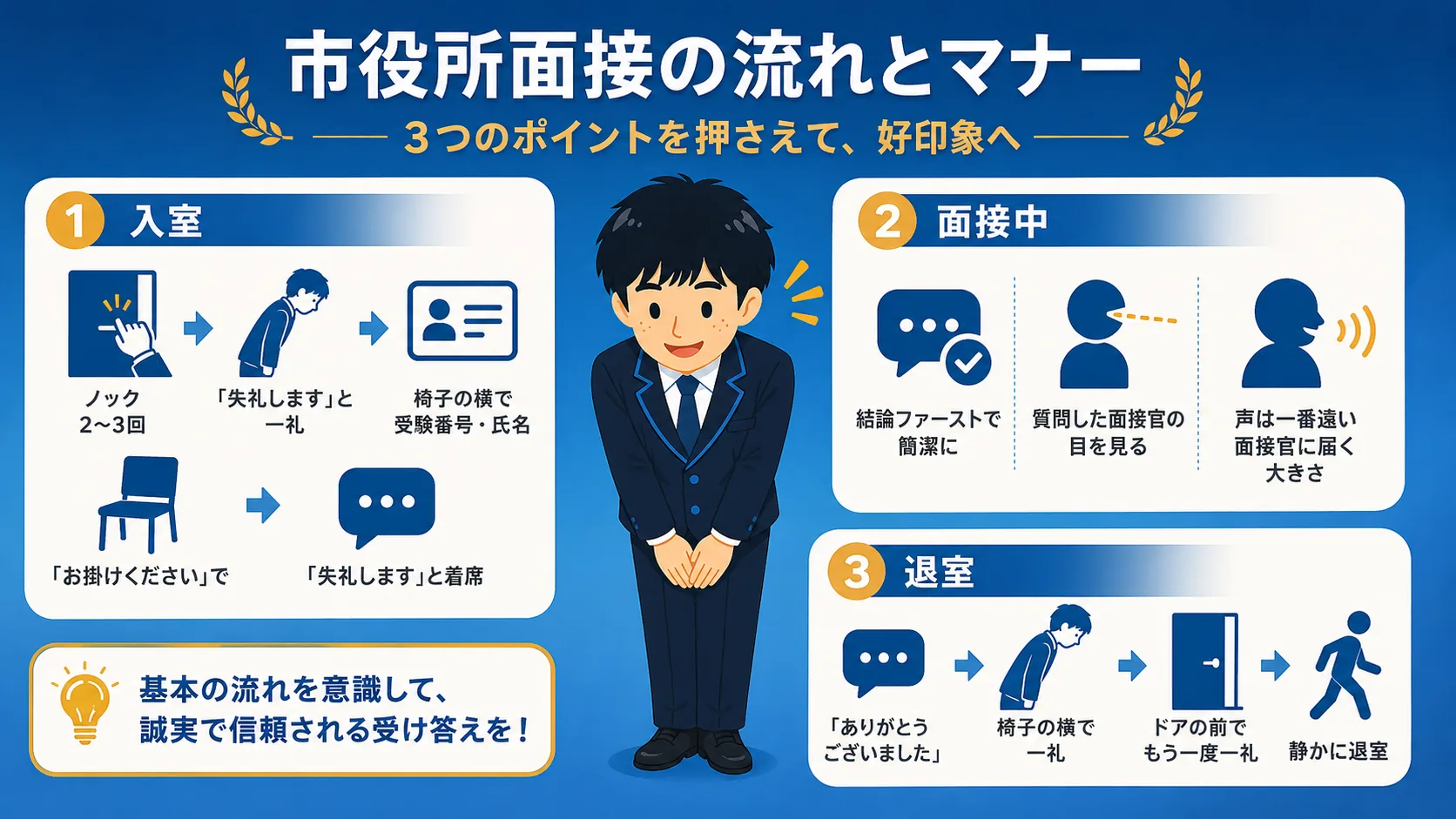入室から退室までのマナー(公務員 面接 流れ/公務員 面接 当日・持ち物・マナー)