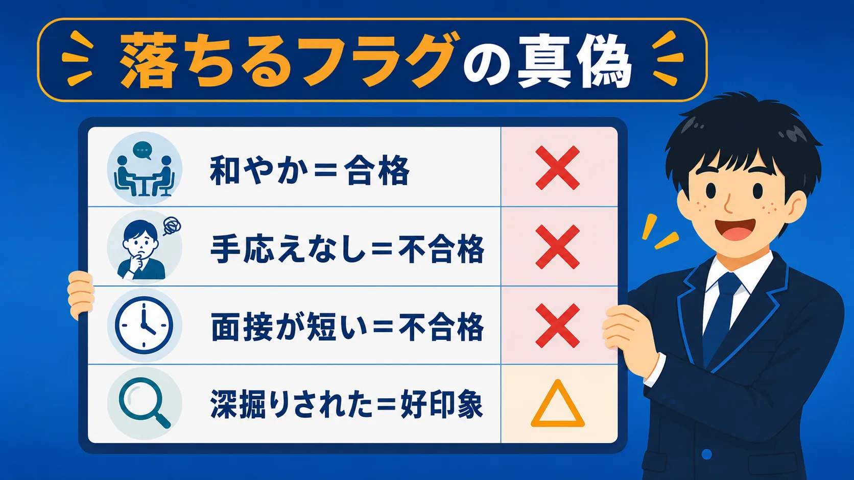 落ちるフラグの真偽を検証の図解｜公務員面接に落ちる人の特徴7選