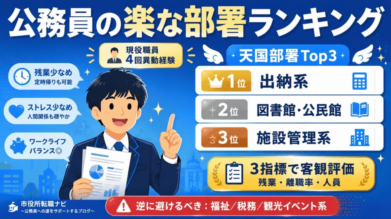 公務員の楽な部署ランキングを示すアイキャッチ｜出納系1位・図書館2位・施設管理3位など現役職員4回異動経験から3指標で客観評価したTop3を視覚化