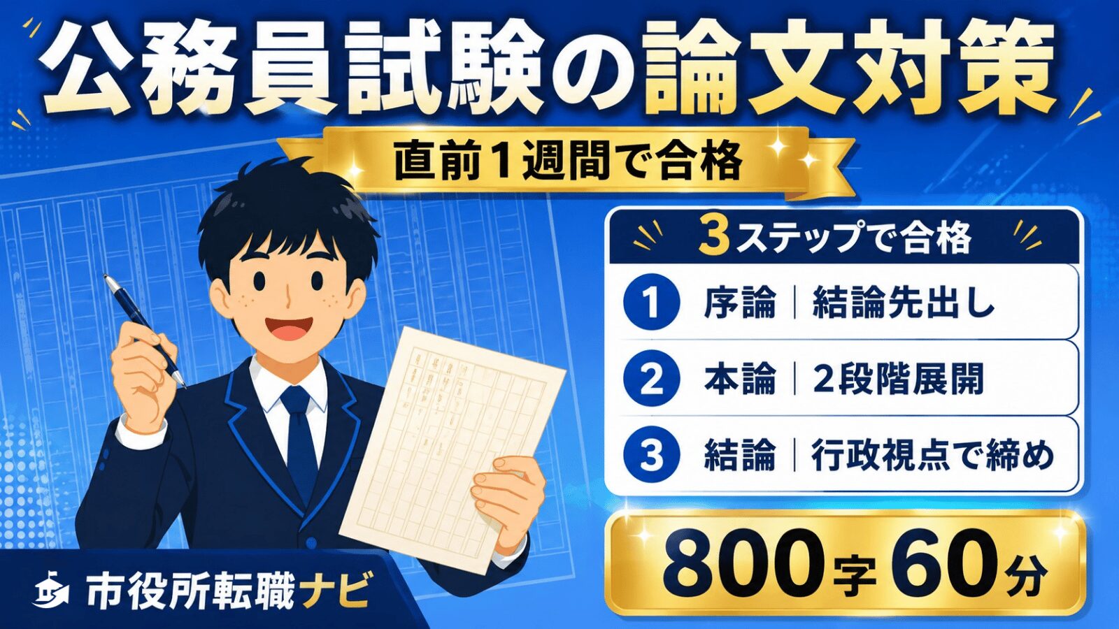 公務員試験の論文対策を示すアイキャッチ｜直前1週間+予備校添削で突破した現役職員が序論先出し・本論2段階・行政視点の3ステップを視覚化