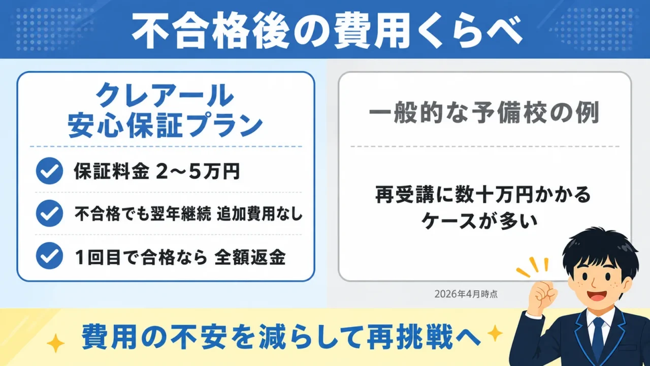 クレアール安心保証プランと一般的な予備校の不合格後費用の比較（保証料金2〜5万円・合格で全額返金）｜公務員試験 落ちた 再挑戦