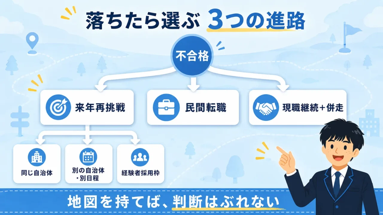 公務員試験に落ちた後の進路の全体像（来年再挑戦・民間転職・現職継続＋併走）｜公務員試験 落ちた 社会人