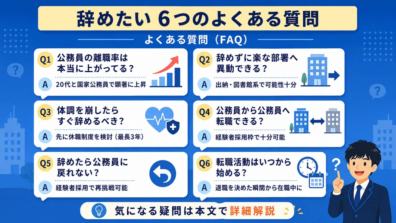公務員を辞めたい人のよくある質問6問(離職率・楽な部署異動・休職・公務員間転職・再挑戦・転職活動時期)一覧