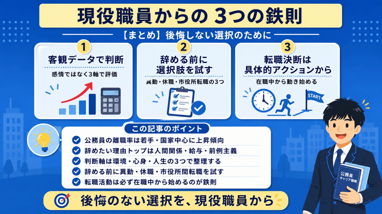 公務員退職判断まとめ|現役職員からの3つの鉄則(客観データで判断・選択肢を試す・在職中から動く)と要点5項目