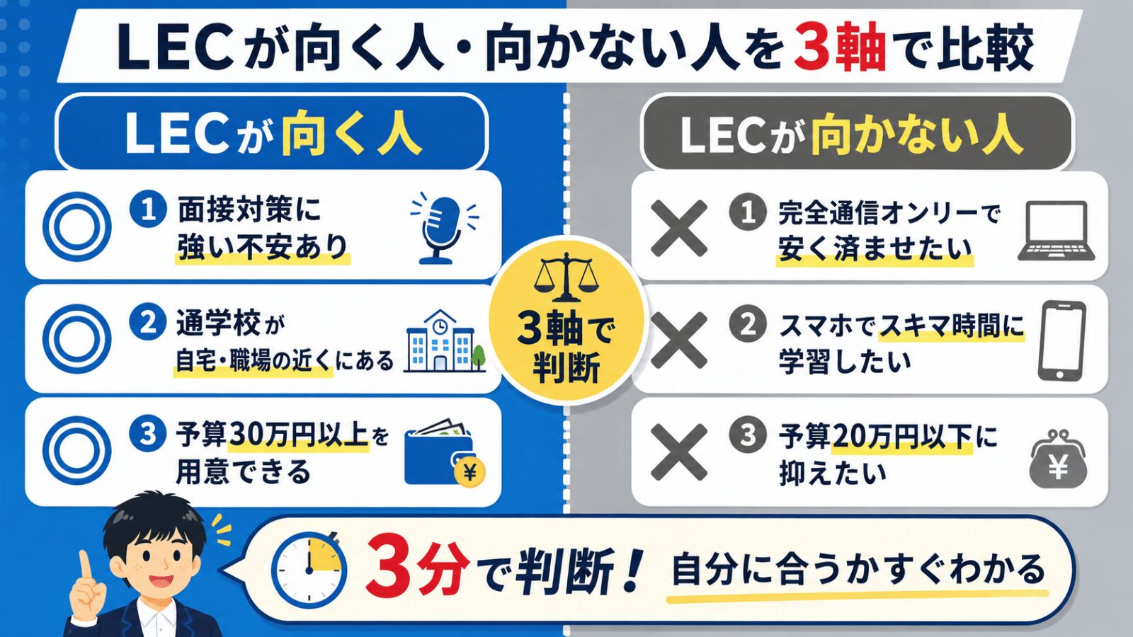 LECが向く人/向かない人を3軸（面接・通学・予算）で対比した図解｜社会人受験者向け
