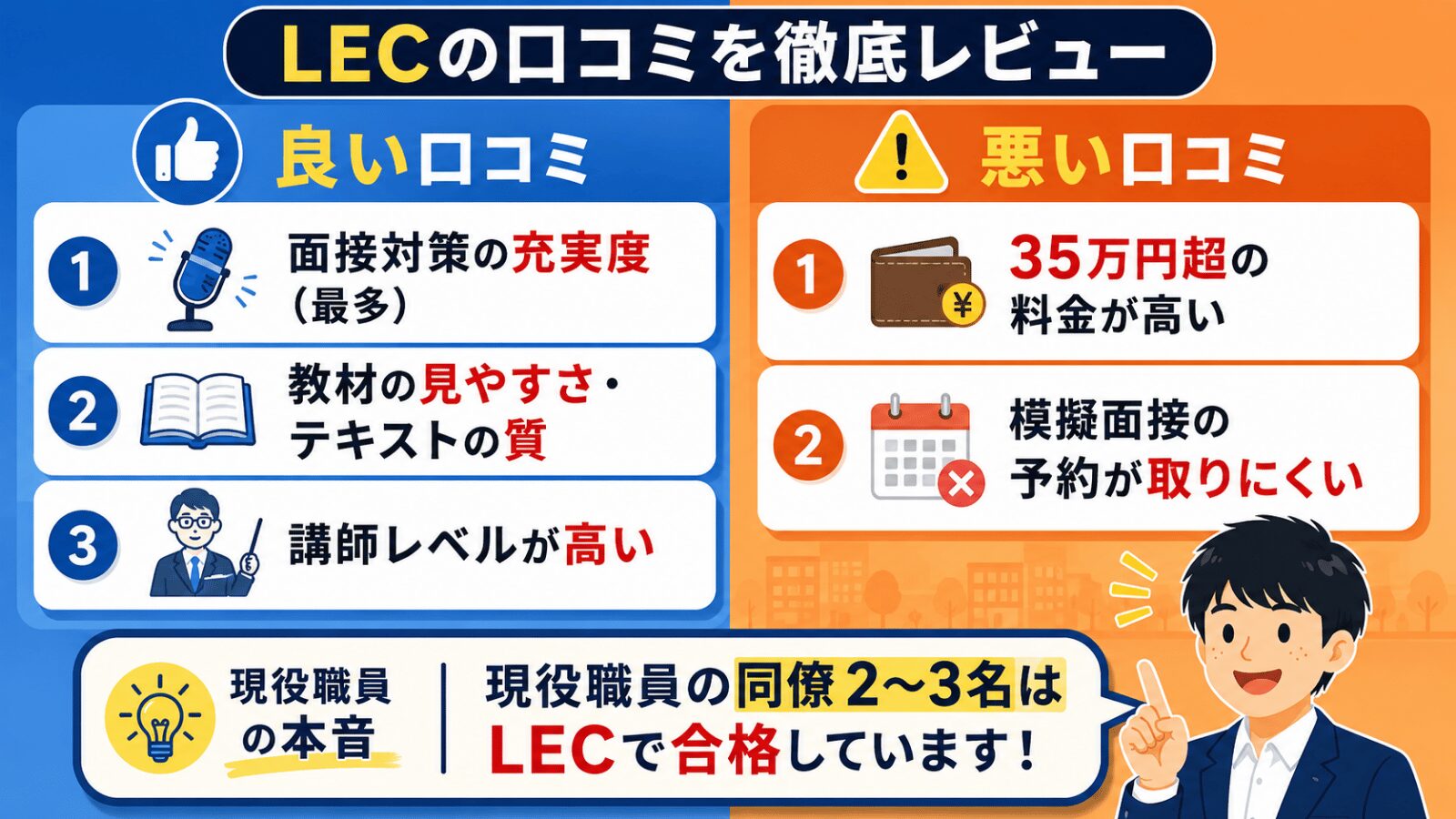 LECの良い口コミと悪い口コミを対比＋現役職員の本音を強調した図解