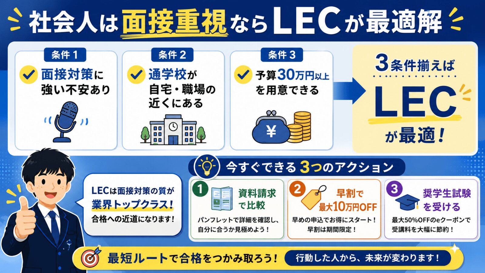 社会人にLECが最適となる3条件＋次の3アクション（資料請求・早割・奨学生試験）を視覚化